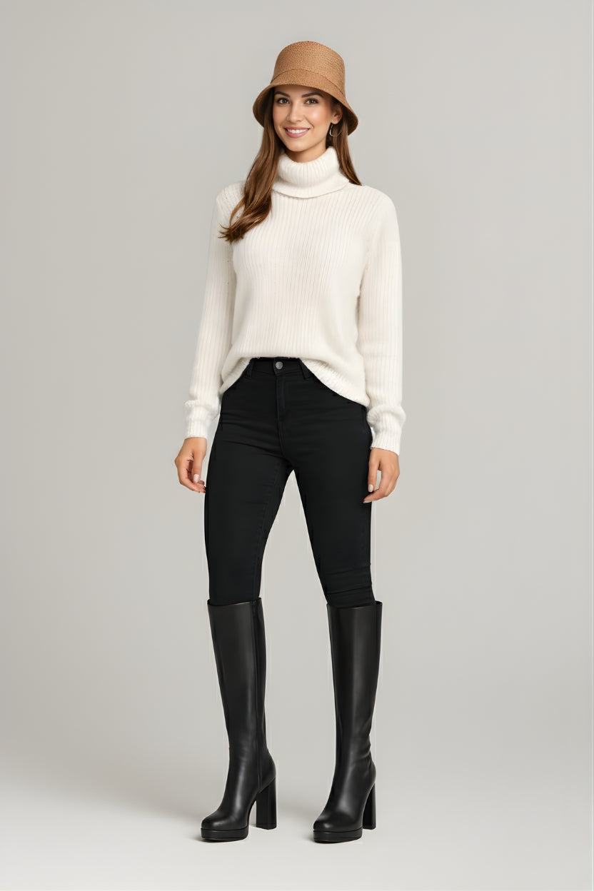 Rhea | Schwarze Overknee-Stiefel für Damen mit Plateauabsatz